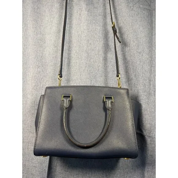 Michael Kors Navy Saffiano Leather Satchel Crossbody Gold Hardware - Picture 3 of 9